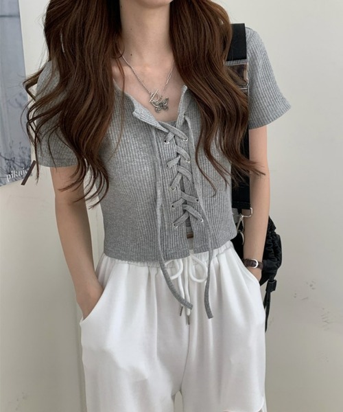 サマーニット ショート丈 ニットトップス レースアップクロップド丈