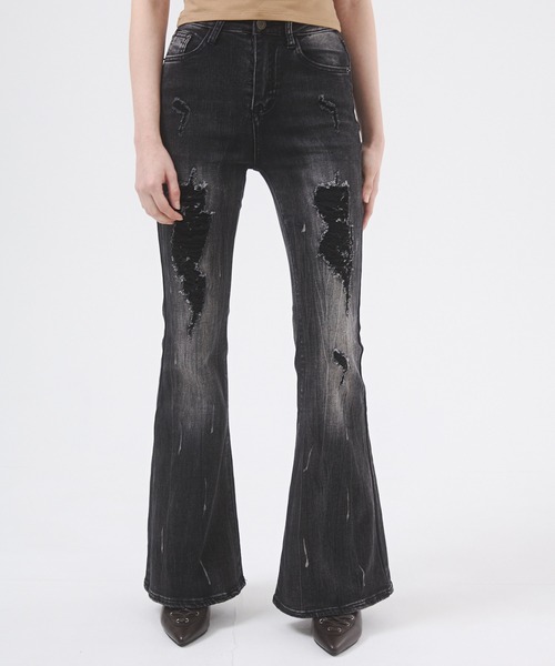 d.i.a.(ダイヤ)の「クラッシュストレッチフレアデニムパンツ(デニムパンツ・レディース・ブルー/ブラック・SMALL/MEDIUM)」の9枚目の写真