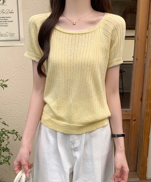 Girly Doll(ガーリードール)の「スクエアネックピコレースリブニット(ニット/セーター・レディース・グリーン/ブルー/イエロー/ホワイト・FREE)」の4枚目の写真