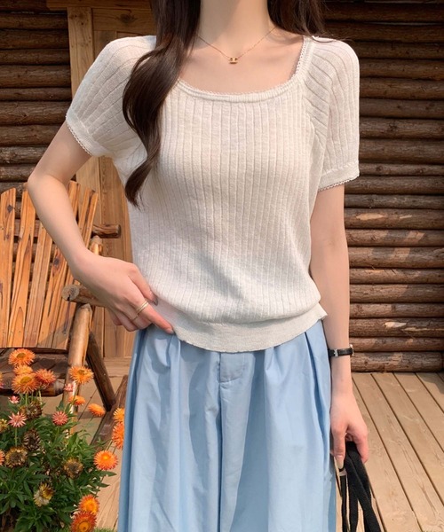 Girly Doll(ガーリードール)の「スクエアネックピコレースリブニット(ニット/セーター・レディース・グリーン/ブルー/イエロー/ホワイト・FREE)」の5枚目の写真