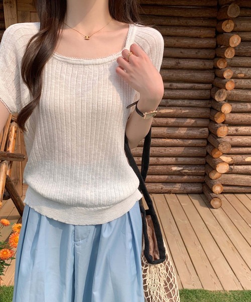 Girly Doll(ガーリードール)の「スクエアネックピコレースリブニット(ニット/セーター・レディース・グリーン/ブルー/イエロー/ホワイト・FREE)」の6枚目の写真