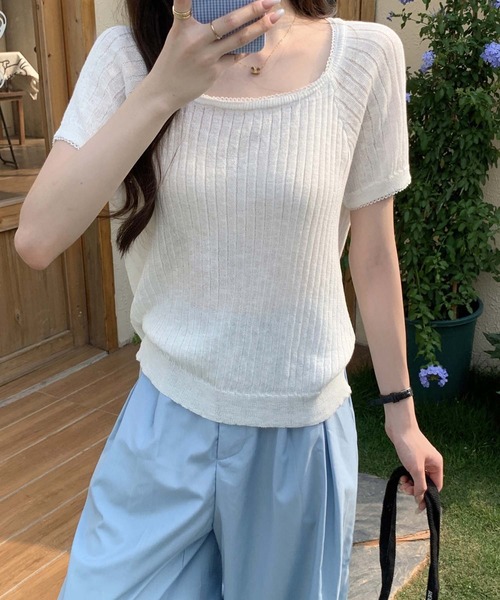Girly Doll(ガーリードール)の「スクエアネックピコレースリブニット(ニット/セーター・レディース・グリーン/ブルー/イエロー/ホワイト・FREE)」の10枚目の写真