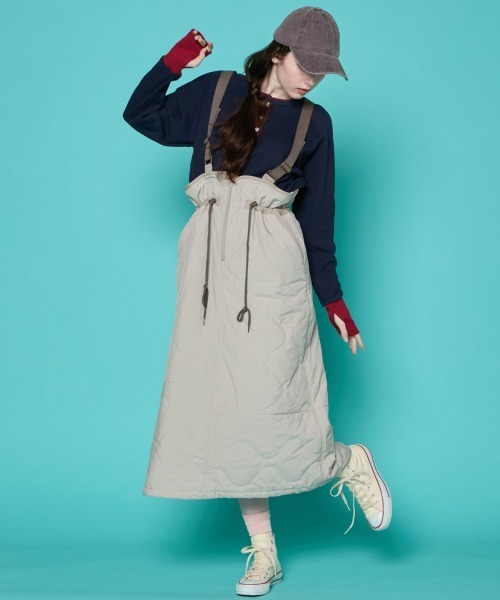 KRIFF MAYER Lady's Collection（クリフメイヤーレディースコレクション）の「【防寒･暖かい】ミリタリーキルトサスペンダースカート（スカート・レディース・キャメル/パープル/グレー/オリーブ/カラフル/ブラック・MEDIUM/LARGE）」の7枚目の写真