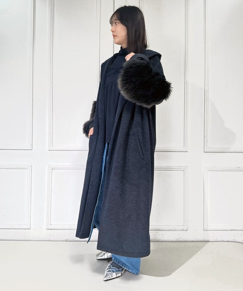 ウーレットシャギーフェイクファーmixフーディーコート（ノーカラー