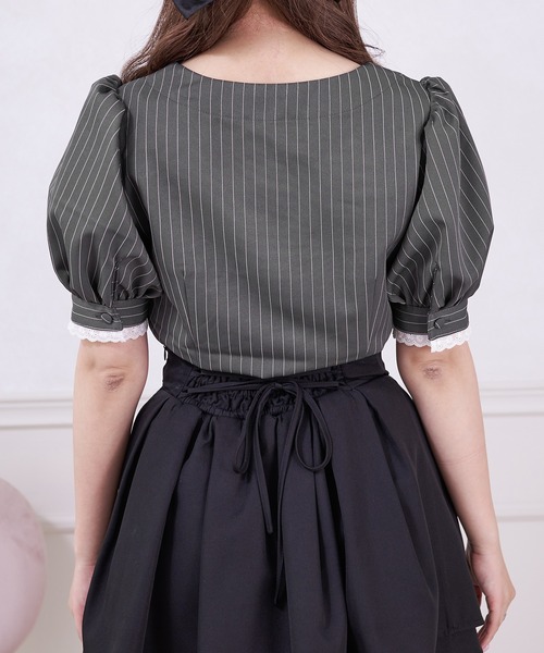 Palelfy ベルト付きストライプパフスリーブブラウス グレー Palelfy ベルト付きストライプパフスリーブブラウス グレー Pal