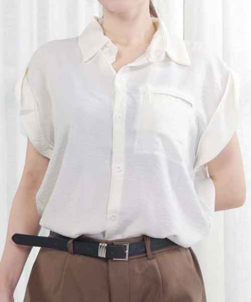 shoppinggo(ショッピングゴー)の「ブラウスシャツ レディース 半袖 襟付き シャツ フレンチスリーブ ロールアップ 夏トップス(シャツ/ブラウス・レディース・イエロー/アイボリー・L/M)」の2枚目の写真