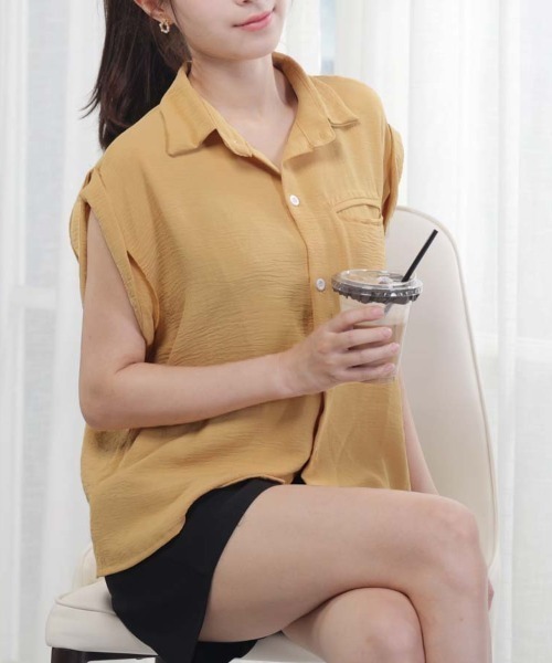 shoppinggo(ショッピングゴー)の「ブラウスシャツ レディース 半袖 襟付き シャツ フレンチスリーブ ロールアップ 夏トップス(シャツ/ブラウス・レディース・イエロー/アイボリー・L/M)」の20枚目の写真