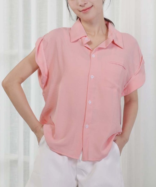 shoppinggo(ショッピングゴー)の「ブラウスシャツ レディース 半袖 襟付き シャツ フレンチスリーブ ロールアップ 夏トップス(シャツ/ブラウス・レディース・イエロー/アイボリー・L/M)」の18枚目の写真