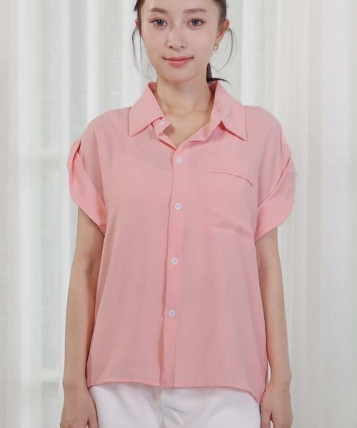 shoppinggo(ショッピングゴー)の「ブラウスシャツ レディース 半袖 襟付き シャツ フレンチスリーブ ロールアップ 夏トップス(シャツ/ブラウス・レディース・イエロー/アイボリー・L/M)」の12枚目の写真