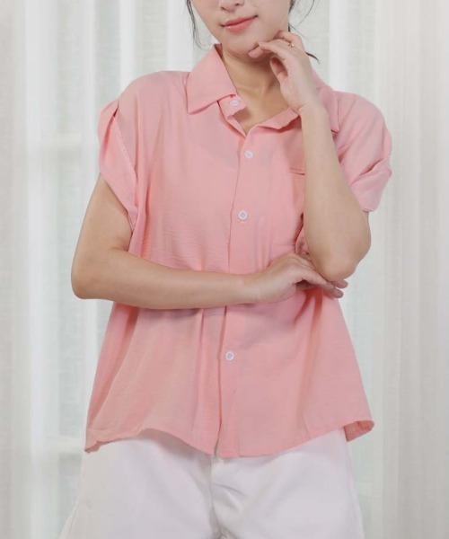 shoppinggo(ショッピングゴー)の「ブラウスシャツ レディース 半袖 襟付き シャツ フレンチスリーブ ロールアップ 夏トップス(シャツ/ブラウス・レディース・イエロー/アイボリー・L/M)」の11枚目の写真