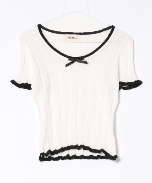 THE HITSS（ヒッツ）の「クロップド丈 メローフリル ミニリボン スリムフィット リブニット 半袖 トップス（Tシャツ/カットソー・レディース・ベージュ/ホワイト/ブラック/ブルー・FREE）」の22枚目の写真
