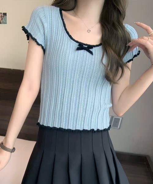 THE HITSS（ヒッツ）の「クロップド丈 メローフリル ミニリボン スリムフィット リブニット 半袖 トップス（Tシャツ/カットソー・レディース・ベージュ/ホワイト/ブラック/ブルー・FREE）」の18枚目の写真