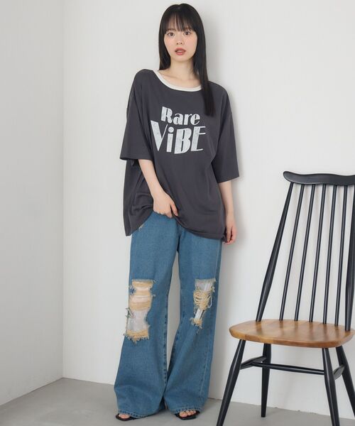 RETRO GIRL(レトロガール)の「カスレロゴリンガーTEE(Tシャツ/カットソー・レディース・ナチュラル/チャコールグレー/ブルー・FREE)」の4枚目の写真