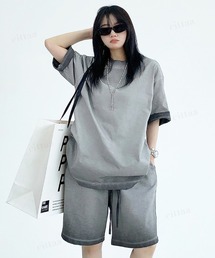 Dalfwin（ダールフィン）の「韓国ファッション 上下２点セット 色落ちデザインヴィンテージ 半袖Tシャツ＆ハーフ丈パンツ セットアップ（ルームウェア/パジャマ・レディース）」