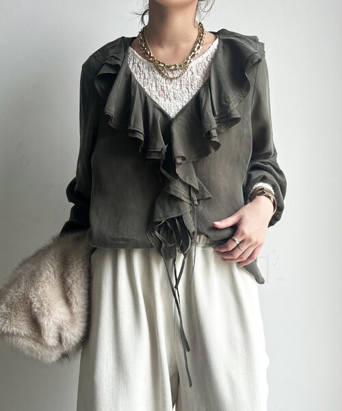DouDou(ドゥドゥ)の「キュプラフリルブラウス(シャツ/ブラウス・レディース・ホワイト系その他/カーキ/ブラック・FREE)」の21枚目の写真