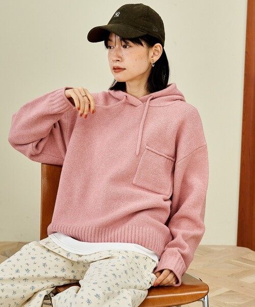 ポケット付き ニットパーカー/ニットフーディー（ニット/セーター