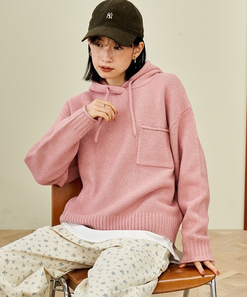 ポケット付き ニットパーカー/ニットフーディー（ニット/セーター