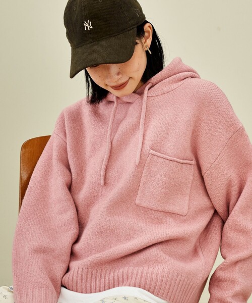 FREAK'S STORE(フリークスストア)の「ポケット付き ニットパーカー/ニットフーディー(ニット/セーター・レディース・ピンク/チャコール/オフホワイト/グレー・フリ-)」の12枚目の写真