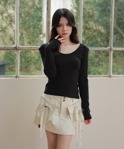 M DOLLY(エムドリー)の「ribbon pocket tempo mini skirt/リボンポケットテンポミニスカート(スカート・レディース・アイボリー/ブラック・S/M)」の3枚目の写真