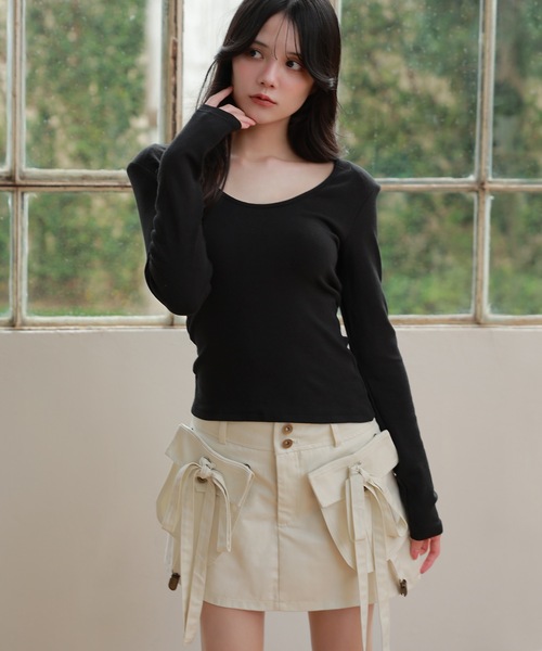 M DOLLY(エムドリー)の「ribbon pocket tempo mini skirt/リボンポケットテンポミニスカート(スカート・レディース・アイボリー/ブラック・S/M)」の4枚目の写真
