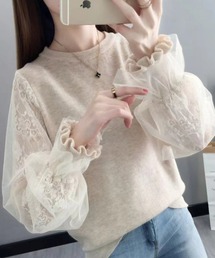 袖チュールニットセーター(長袖) 異素材切替 チュール袖ニットトップス オフィスカジュアル きれいめカジュアル レディース 韓国