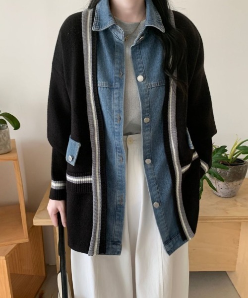 ABITOKYO(アビトーキョー)の「デニムドッキングニットカーディガン(カーディガン/ボレロ・レディース・ブラック/アイボリー/グレー・FREE)」の1枚目の写真