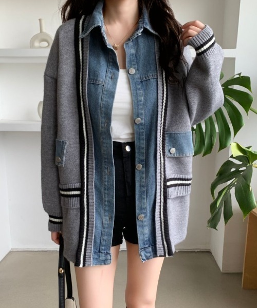 ABITOKYO(アビトーキョー)の「デニムドッキングニットカーディガン(カーディガン/ボレロ・レディース・ブラック/アイボリー/グレー・FREE)」の10枚目の写真