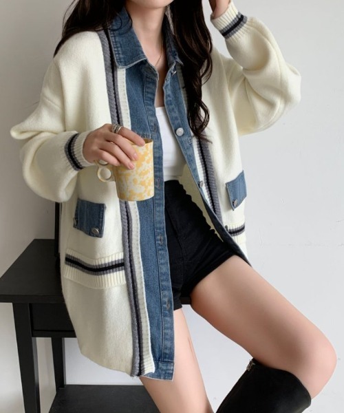 ABITOKYO(アビトーキョー)の「デニムドッキングニットカーディガン(カーディガン/ボレロ・レディース・ブラック/アイボリー/グレー・FREE)」の6枚目の写真