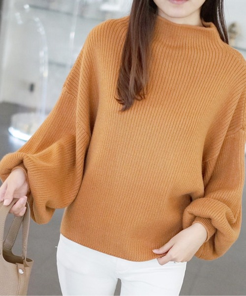 AMAJI(アマジ)の「ハーフハイネックパフスリーブリブニットトップス(10color)(ニット/セーター・レディース・ホワイト/ブラウン/レッド/キャメル/ブラック/アイボリー/ライトピンク/グレー/ブルー/ライトブラウン・FREE)」の8枚目の写真