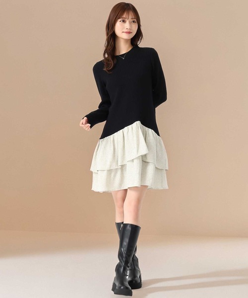 MISCH MASCH(ミッシュマッシュ)の「ツイードドッキングミニワンピース(ワンピース・レディース・ブラック×ホワイト/レッド・フリ-)」の2枚目の写真