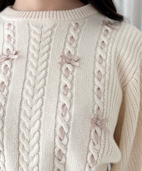 F i.n.t（フィント）の「フロントはしごプチリボンニットプルオーバー/fint フィント（ニット/セーター・レディース・ミント/アイボリー・FREE）」の5枚目の写真