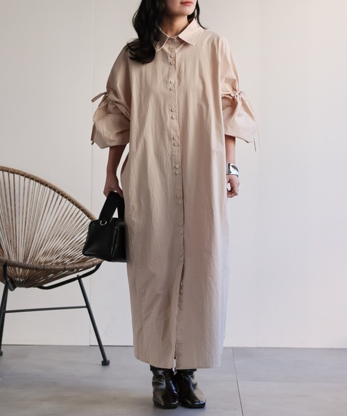 ap retro（アプレトロ）の「ボリュームスリーブシャツワンピース（シャツワンピース・レディース・ベージュ/ブラック・FREE）」の3枚目の写真