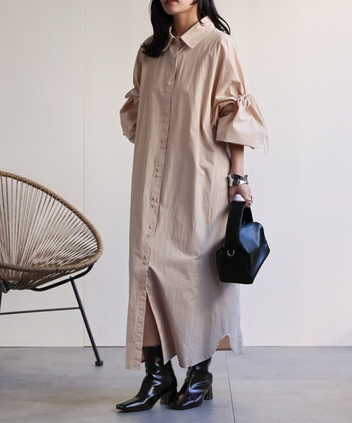 ap retro（アプレトロ）の「ボリュームスリーブシャツワンピース（シャツワンピース・レディース・ベージュ/ブラック・FREE）」の10枚目の写真