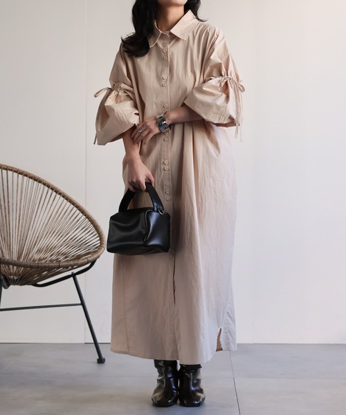 ap retro（アプレトロ）の「ボリュームスリーブシャツワンピース（シャツワンピース・レディース・ベージュ/ブラック・FREE）」の5枚目の写真