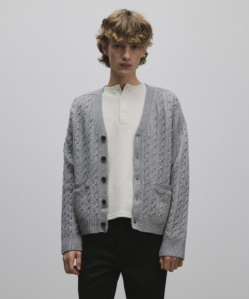 MERINO WOOL CABLE KNIT CARDIGAN GREY