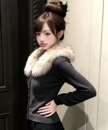 【2色展開・2WAY】韓国ムード超ふわモコ可拆卸ファー襟 ニットカーディガン