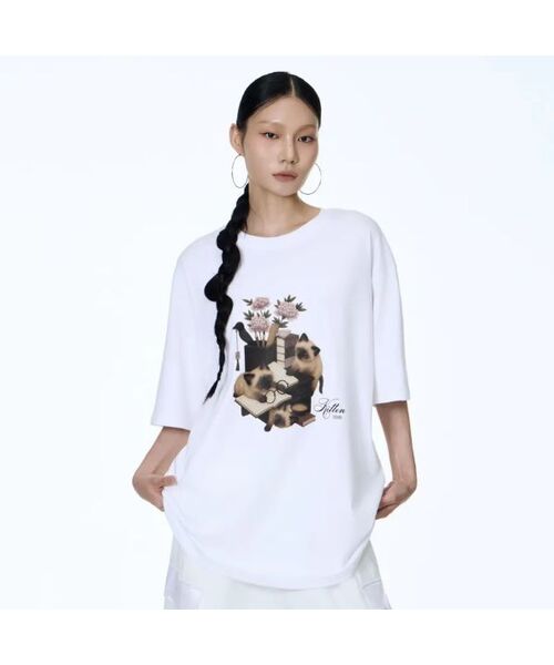 71TO96(チル ハナ トゥ グユク)の「Chaekgado Cat T-shirt (White)(Tシャツ/カットソー・レディース・ホワイト・FREE)」の1枚目の写真
