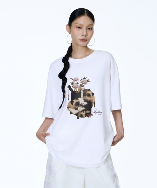 71TO96(チル ハナ トゥ グユク)の「Chaekgado Cat T-shirt (White)(Tシャツ/カットソー・レディース・ホワイト・FREE)」の2枚目の写真