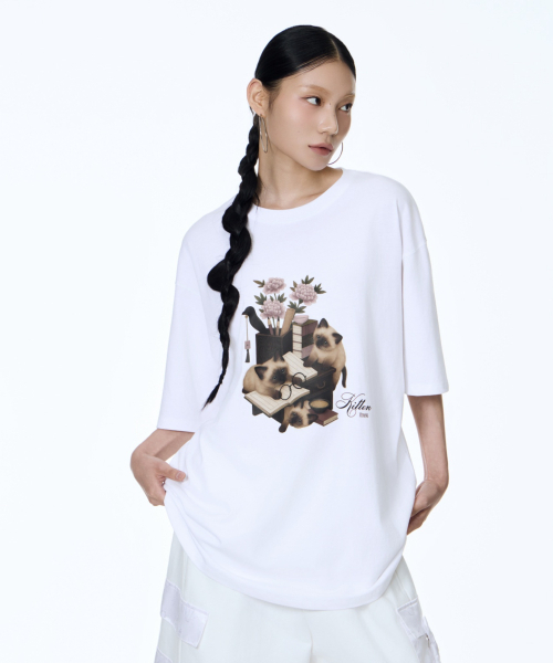 71TO96(チル ハナ トゥ グユク)の「Chaekgado Cat T-shirt (White)(Tシャツ/カットソー・レディース・ホワイト・FREE)」の3枚目の写真