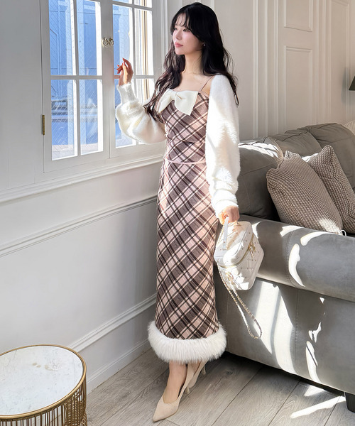 セール】リボンチェックシャギーボレロアンサンブル（アンサンブル