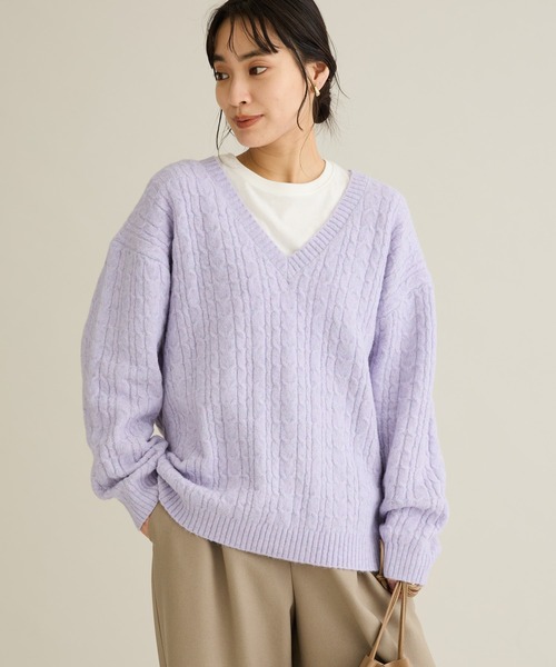 セール】洗える/起毛ケーブルVニットネックニットプルオーバー（ニット