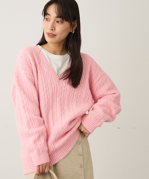 セール】洗える/起毛ケーブルVニットネックニットプルオーバー（ニット