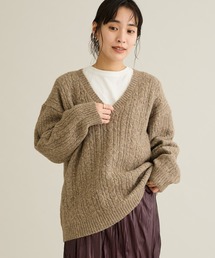 洗える/起毛ケーブルVニットネックニットプルオーバー