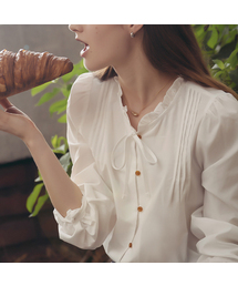 Neck frill ribbon cotton blouse_Ivory