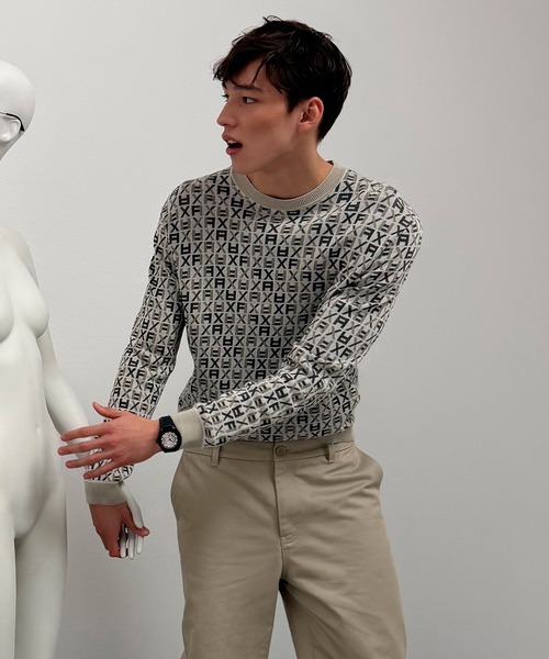 ARMANI EXCHANGE(アルマーニエクスチェンジ)の「【A|X アルマーニ エクスチェンジ】オールオーバースクエアロゴ ニットプルオーバー(ニット/セーター・メンズ・アイボリー・LARGE/MEDIUM/SMALL/X-LARGE/X-SMALL)」の1枚目の写真