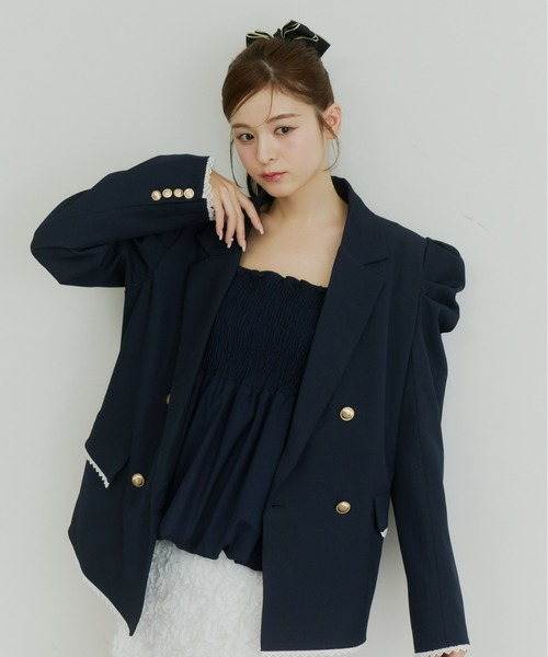 Olu.（オルドット）の「パフスリーブレースジャケット（テーラードジャケット・レディース・ベージュ/ネイビー/グレー・FREE）」の3枚目の写真