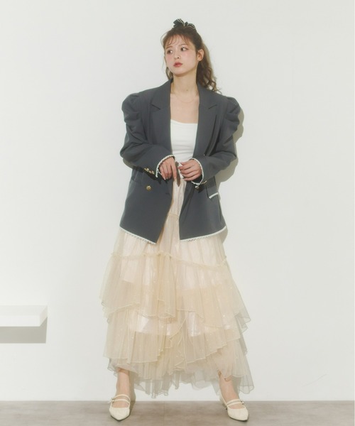 Olu.（オルドット）の「パフスリーブレースジャケット（テーラードジャケット・レディース・ベージュ/ネイビー/グレー・FREE）」の6枚目の写真