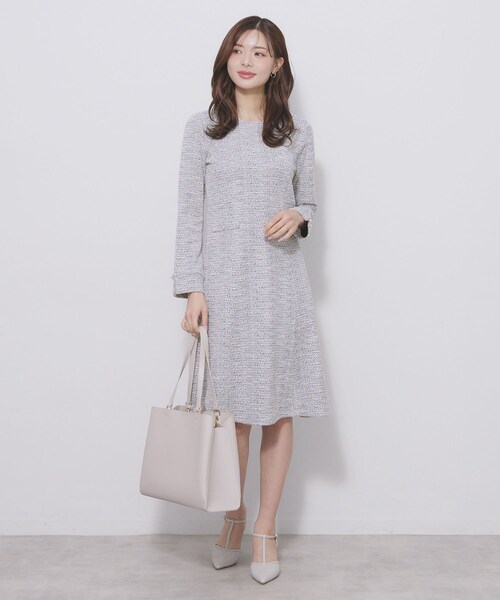 index（インデックス）の「ミックスツィードフレアワンピース【洗える/イージーアイロン/ストレッチ】《S～3L》（ワンピース・レディース・ブラック系3/ホワイト系6/ベージュ系3・44/36/38/40/42）」の5枚目の写真