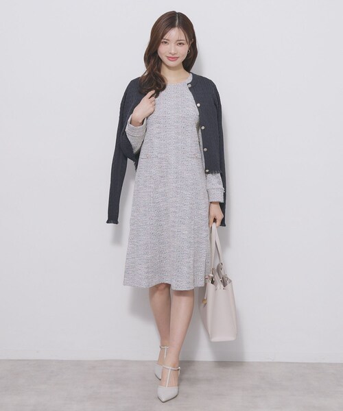 index（インデックス）の「ミックスツィードフレアワンピース【洗える/イージーアイロン/ストレッチ】《S～3L》（ワンピース・レディース・ブラック系3/ホワイト系6/ベージュ系3・44/36/38/40/42）」の6枚目の写真