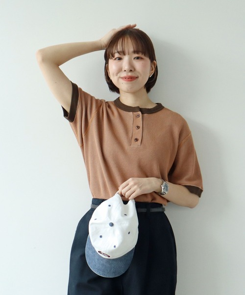 PAR ICI（パーリッシィ）の「タックワッフル ヘンリーネック半袖カットソー（Tシャツ/カットソー・レディース・ネイビー/オレンジ/グレー・FREE）」の3枚目の写真